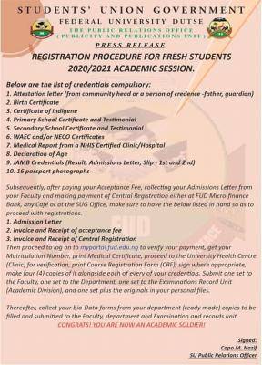 Federal University Dutse SUG Registration Support for New Students 2025/2026