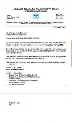 ATBU Directs Students to Vacate Hostels