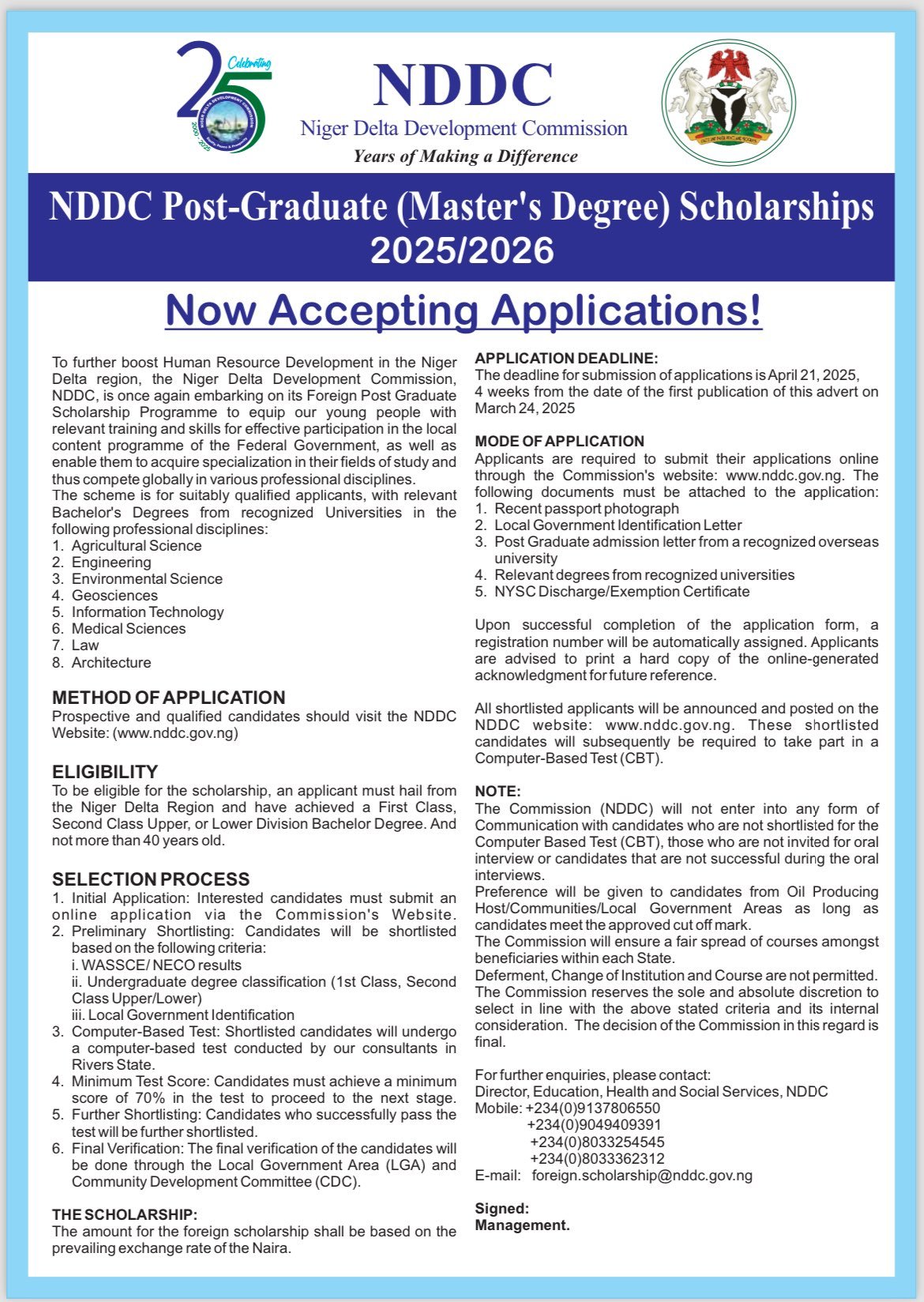 NDDC Foreign Postgraduate Scholarship Announcement 
