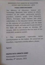 nasarawa state schools resumption date