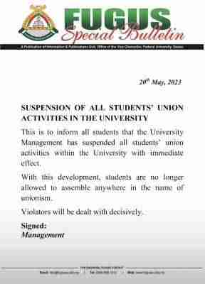 FUGUSAU Suspends Students’ Union Government (SUG)