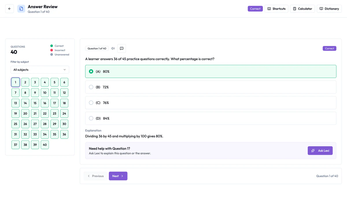 Ulearngo UTME answer review showing a completed practice question and explanation