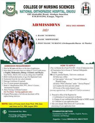 National Orthopedic Hospital, Enugu (CONSNOHE) Nursing Admission Form, 2024/2025 Session
