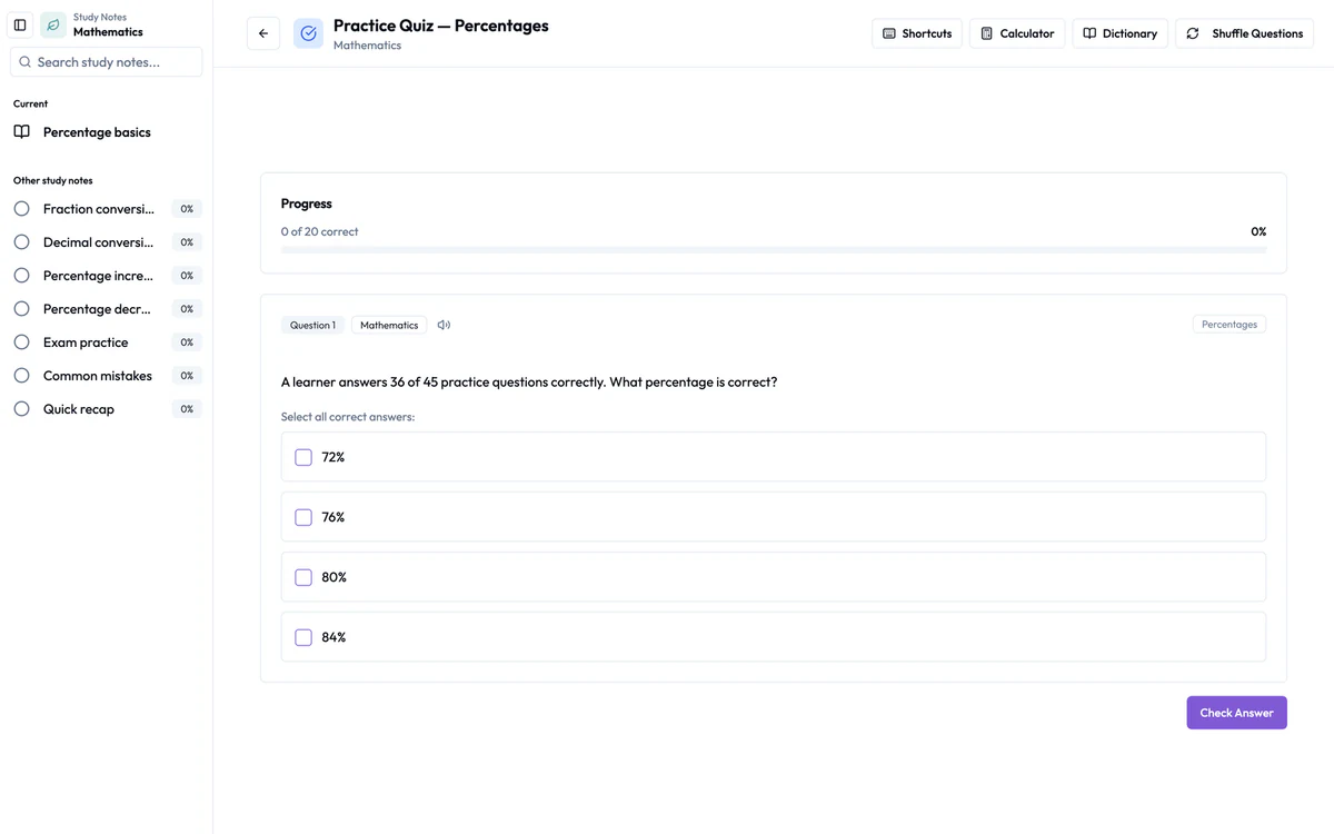 Practice quiz inside a Ulearngo UTME Study Notes lesson