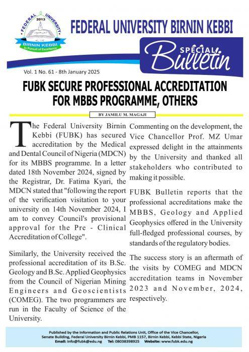 FUBK Secures Professional Accreditation for MBBS, Other Programmes