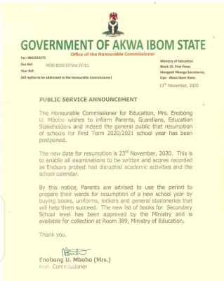 Akwa Ibom State Government Postpones School Resumption
