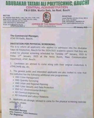 Abubakar Tatari Ali Polytechnic (ATAP) Physical Screening Schedule for 2024/2025