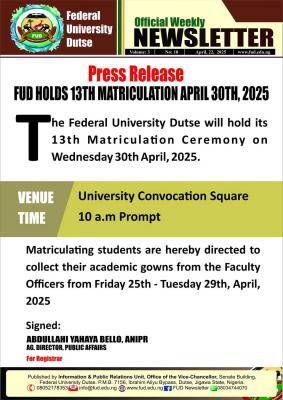 FUDutse Announces Schedule for 13th Matriculation Ceremony