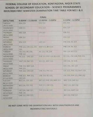 fce kontagora examination timetable
