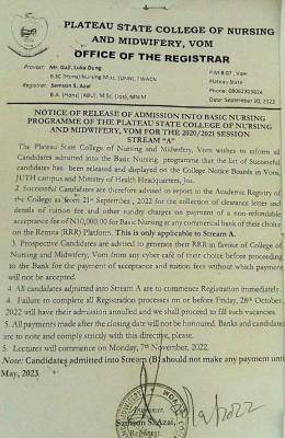 Plateau State College of Nursing and Midwifery Admission List, 2023/2024