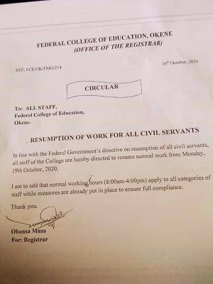 FCE Okene Directs Staff to Resume