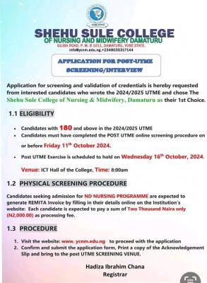 Shehu Sule College of Nursing and Midwifery Post-UTME Screening Announced, 2024/2025