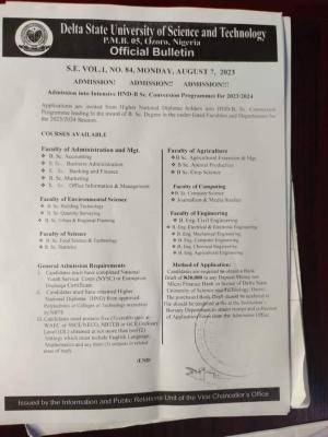 Delta State University of Science and Technology HND Conversion to Degree Programmes Admission, 2023/2024