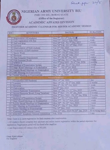 A copy of NAUB academic calendar