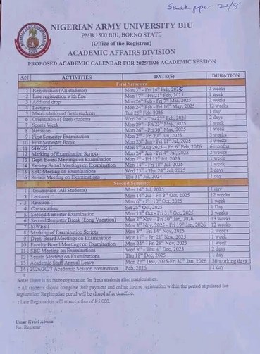 A copy of NAUB academic calendar