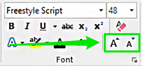 The font formatting section on the ribbon menu is zoomed in on. A green arrow is pointing to the option to change the font size.
