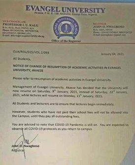 evangel university resumption date