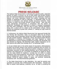 kaduna state school resumption notice