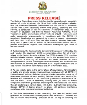 kaduna state school resumption notice