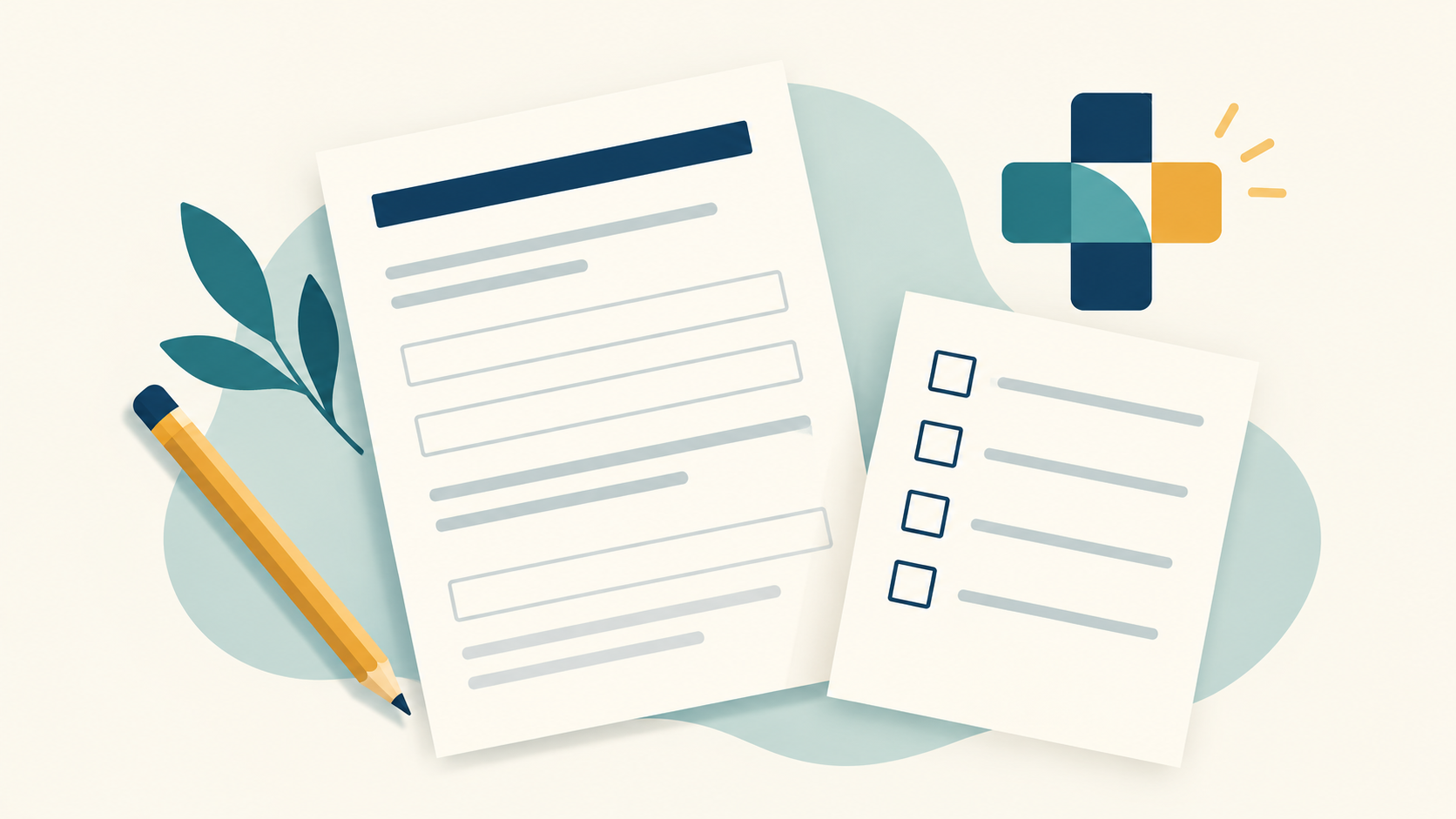 A blank application form, pencil and checklist beside a simple medical cross.