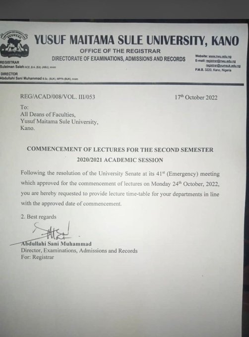 Yusuf Maitama Sule University, Kano Announces Resumption Date