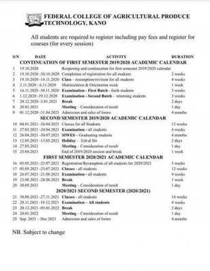 Federal College of Agricultural Produce Technology (FCAPT-KANO) academic calendar