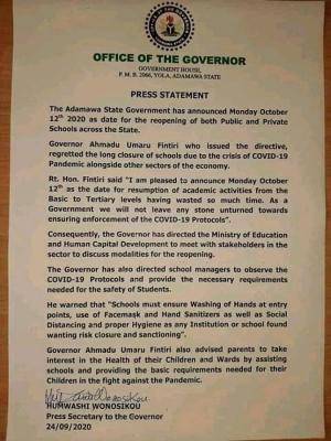 Adamawa State Govt Announces Resumption Date for Schools of All Levels