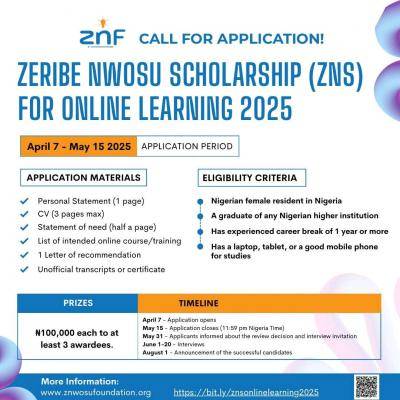 Zeribe Nwosu Foundation (ZNF) Online Learning Scholarship for Females, 2025