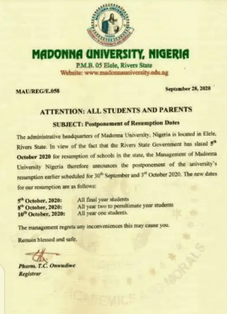 madonna university resumption date postpone