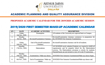 Arthur Jarvis University Academic Calendar for 2019/2020 Session (Proposed)