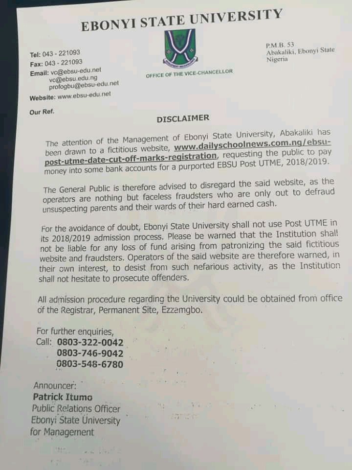 EBSU Post UTME Important Disclaimer Notice for 2018/2019 Admission