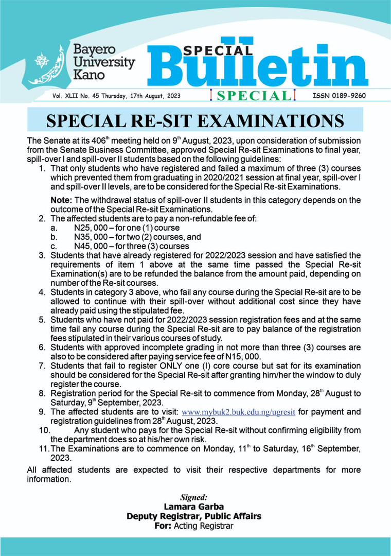 BUK Announces Special Re-sit Examinations for Final Year, Spillover Student
