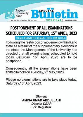 BUK Postpones Exams on April 15 to May 2nd, 2023