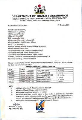 FCT Announces Resumption Date for Schools, 2020/2021 Session