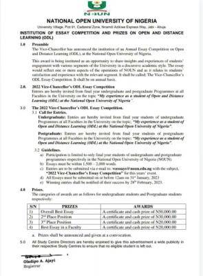 NOUN Announces Essay Competition for Undergraduate and Postgraduate Students