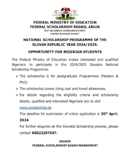 FSB National Scholarship for Nigerians to Study in Slovak Republic, 2024/2025 Academic Year
