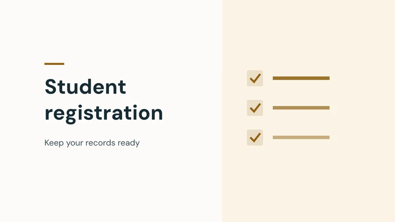 Student registration: keep your records ready. Original illustration with simple geometric shapes.