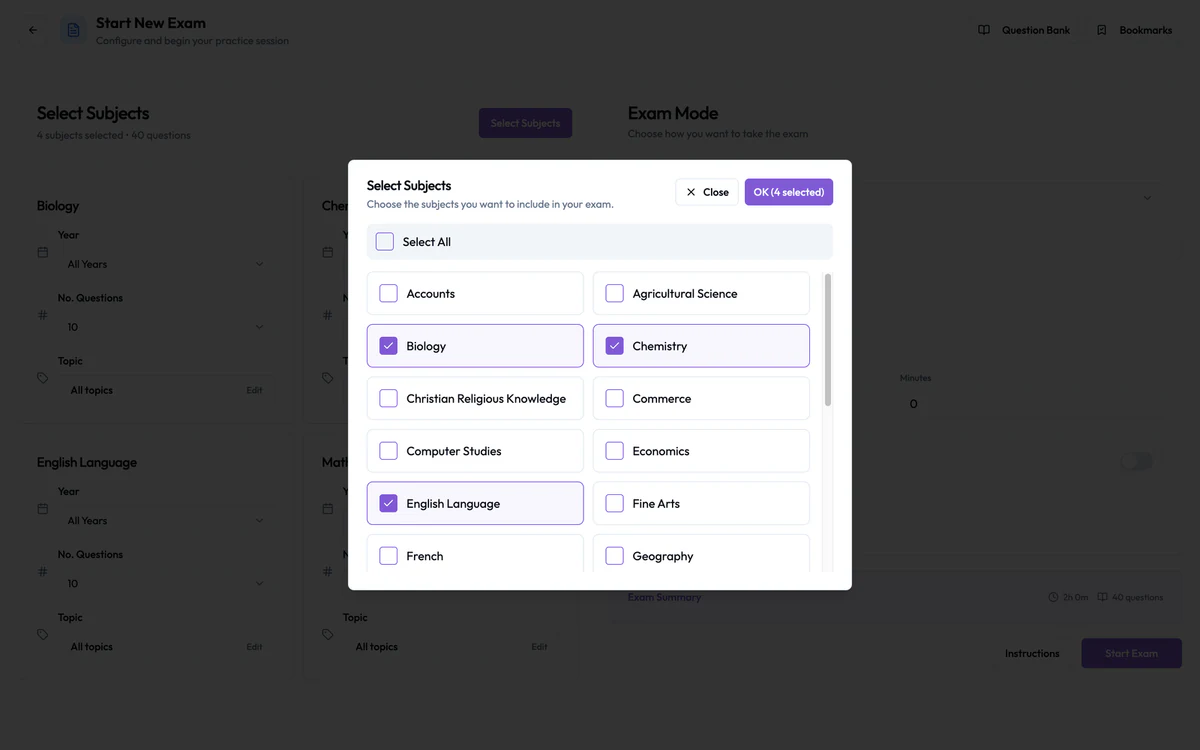 Ulearngo UTME subject-selection dialog with Biology, Chemistry, English Language and Mathematics selected