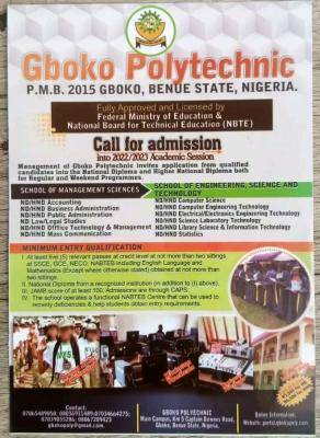 Gboko Polytechnic Admission Form (Post-UTME and HND), 2022/2023