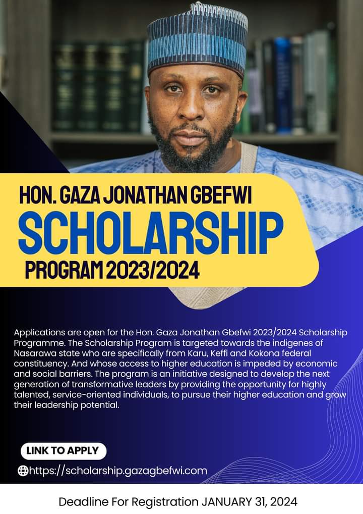 Hon. Gaza Jonathan Gbefwi Scholarship for Students of Nasarawa State Indigene, 2023/2024 Session
