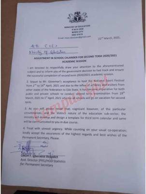 Edo State Notice on Adjustment of School Calendar for 2020/2021 Session