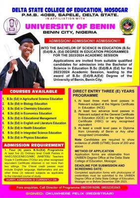 DESCOEM Affiliated to UNIBEN Admission into Degree Programmes, 2023/2024