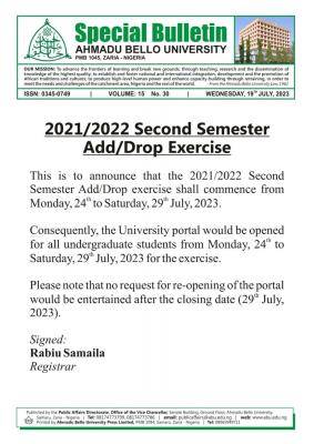 ABU Zaria Add/Drop Portal Enabled, 2021/2022 Session