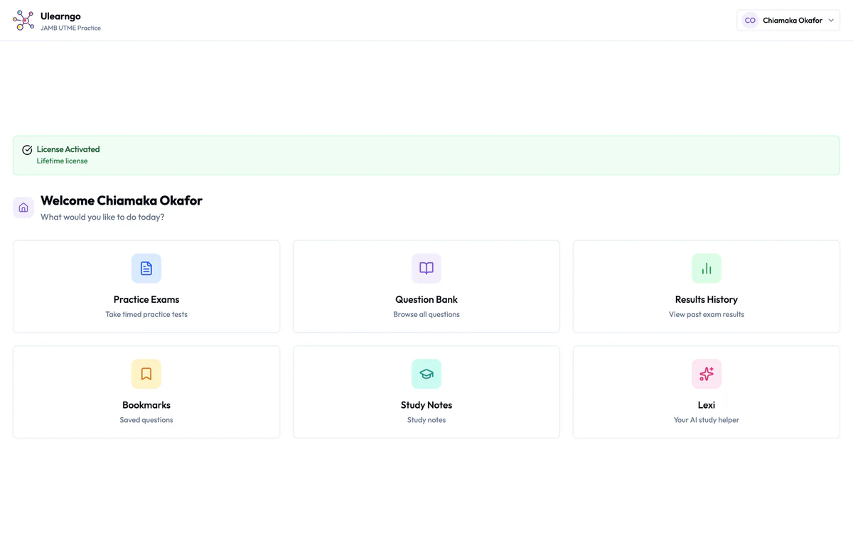 Ulearngo UTME desktop dashboard showing practice exams, question bank, results, bookmarks, Study Notes and Lexi