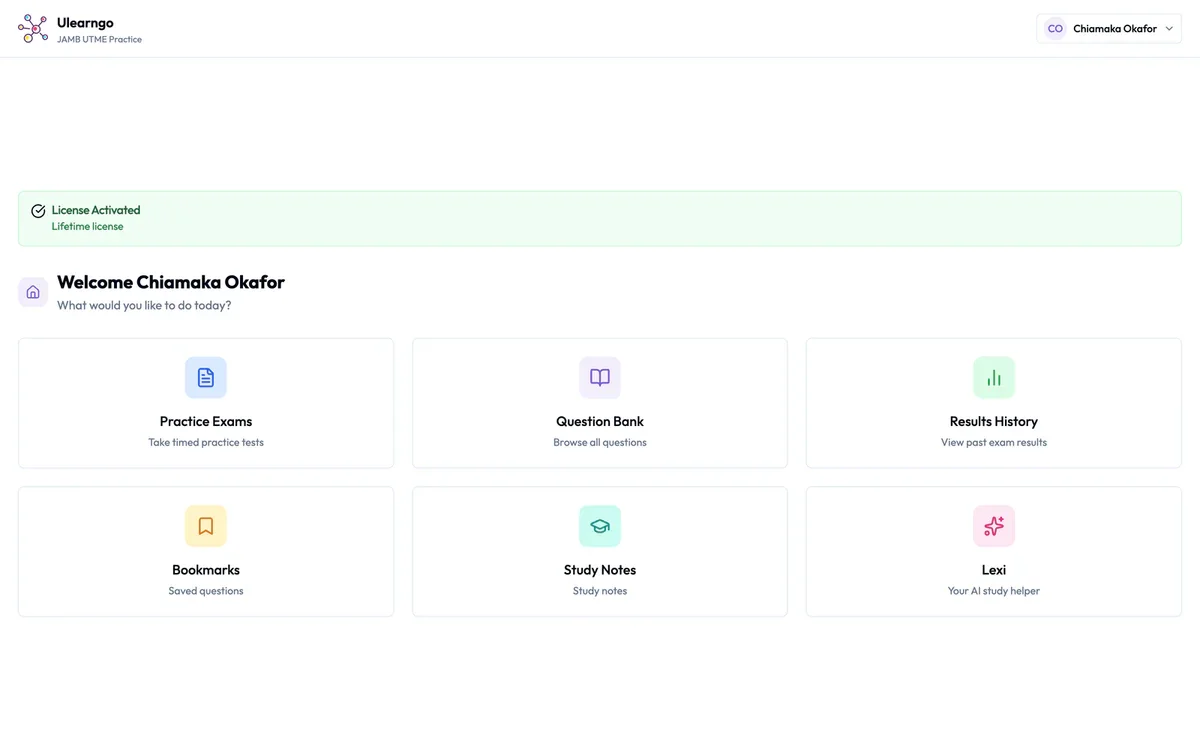 Ulearngo UTME desktop dashboard showing practice exams, question bank, results, bookmarks, Study Notes, and Lexi