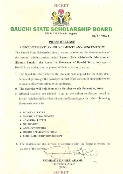 Bauchi State Scholarship Board Announces Verification Exercise for 2023/2024 Applicants