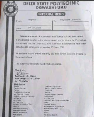 Delta State Poly Ogwashi-Uku 1st Semester Exam Date, 2021/2022