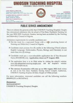 UNIOSUN Teaching Hospital (UTH-OSOGBO) Post Basic Paediatric Nursing Admission, 2022/2023