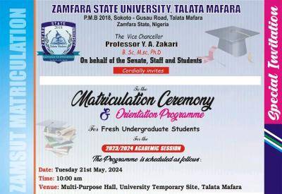 ZAMSUT Matriculation Ceremony and Orientation Exercise for New Students Announced, 2023/2024