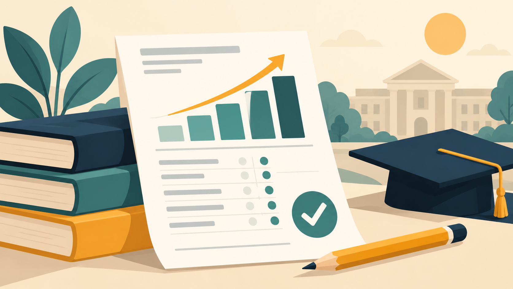 A score sheet with rising bars and a check mark beside books and a graduation cap.